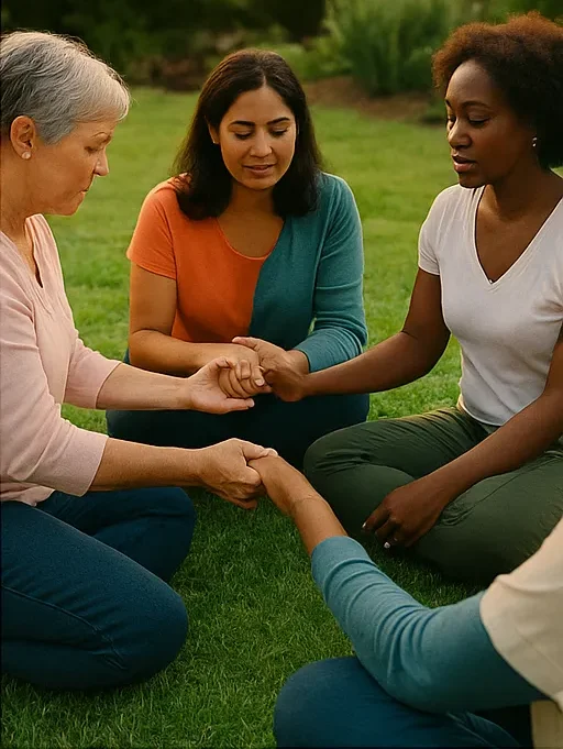A diverse group of four women sit on grass, holding hands in a circle, fostering connection and support among each other